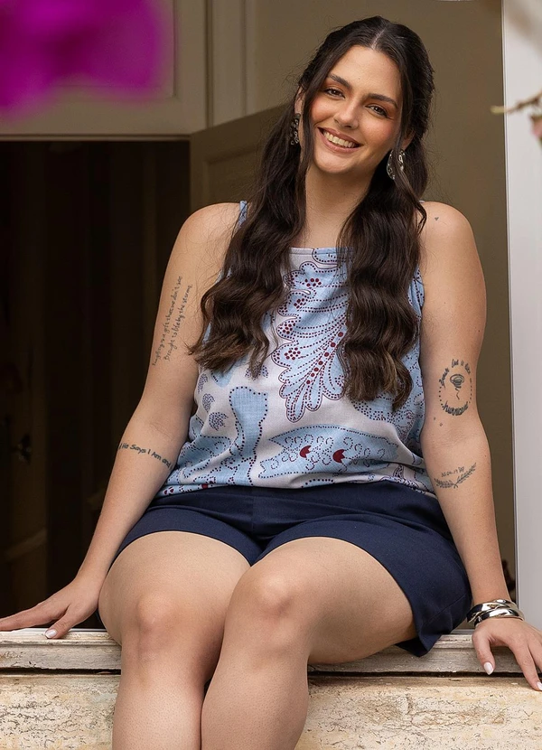 Marguerite - Blusa de Alça com Estampa de Laise em Malha Crepe Encorpada