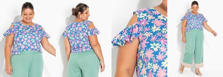 Blusa Floral Azul com Babados Plus Size