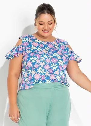 Marguerite - Blusa Floral Azul com Babados Plus Size - MARGUERITE