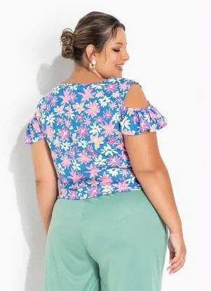 Marguerite - Blusa Floral Azul com Babados Plus Size - MARGUERITE