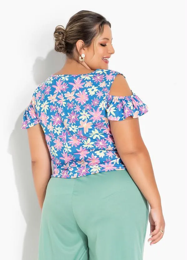 Marguerite - Blusa Floral Azul com Babados Plus Size 2