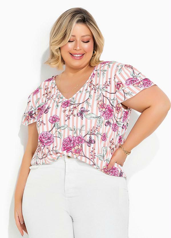 Blusa (Floral e Listras) com Babados Plus Size