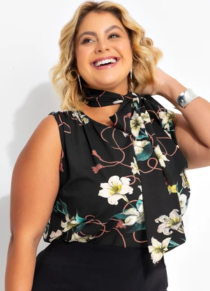 Marguerite - Blusa Floral Preta com Amarração - MARGUERITE