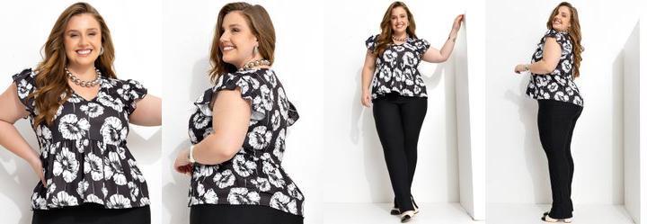 Blusa Floral Preta e Branca em Jersey Acetinado