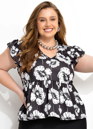 Marguerite - Blusa Floral Preta e Branca em Jersey Acetinado - MARGUERITE