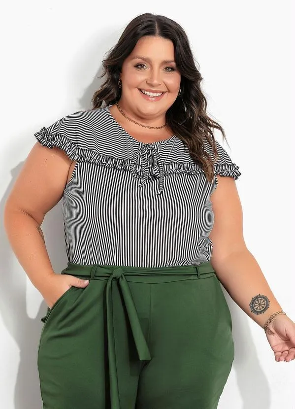Marguerite - Blusa Listras Preta com Babadinho Plus Size