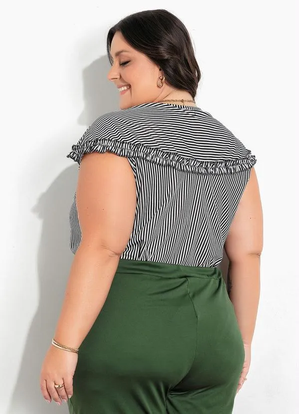 Marguerite - Blusa Listras Preta com Babadinho Plus Size 2