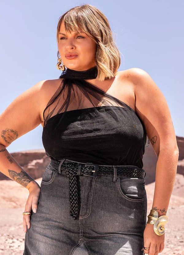 Marguerite - Blusa Preta em Cotton e Tule