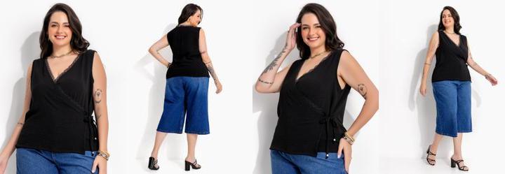 Blusa Preta Transpassada em Tecido Plano Texturizado