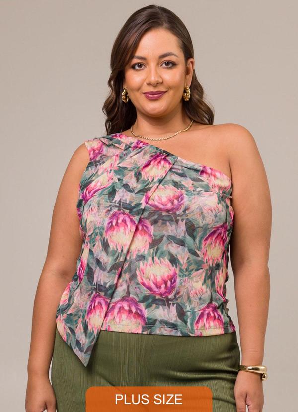 Blusa um Ombro Plus Size Tule Estampado - Cess