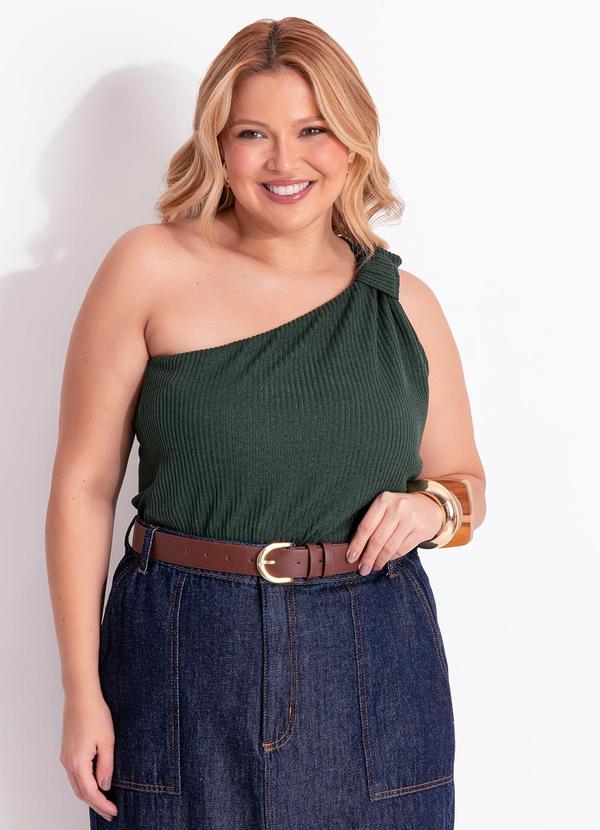 Blusa um Ombro S� Verde Escuro em Malha Tricot