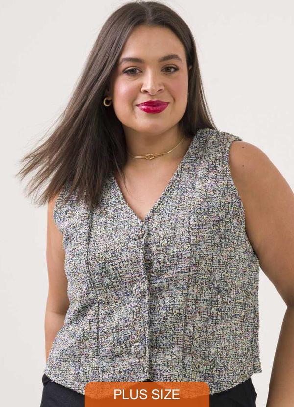 Cess - Colete Plus Size Lavanda Tweed Cinza