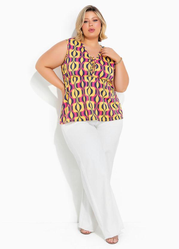 Marguerite - Regata Abstrata Amarela com Amarração Plus Size 4