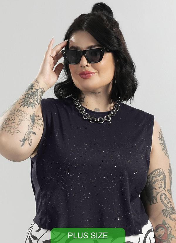 Cativa - Regata Canelada Plus com Glitter Preto