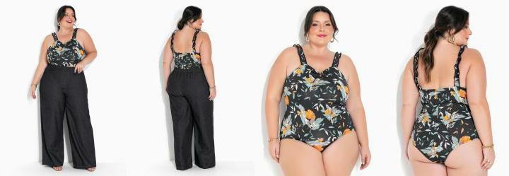 Body Floral Preto com Franzidos Plus Size