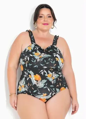 Marguerite - Body Floral Preto com Franzidos Plus Size - MARGUERITE