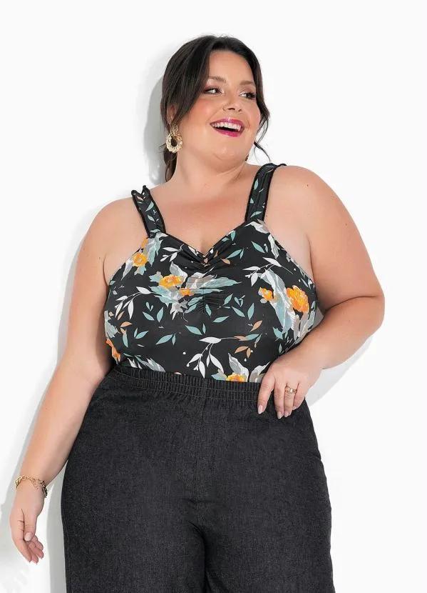 Marguerite - Body Floral Preto com Franzidos Plus Size