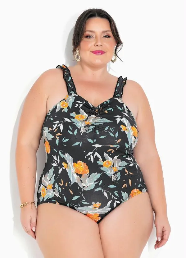 Marguerite - Body Floral Preto com Franzidos Plus Size 2
