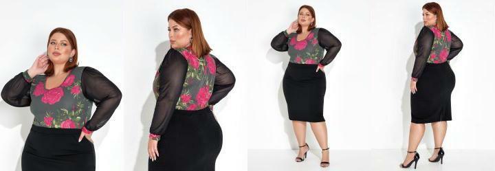 Body Floral Preto com Mangas Longas Plus Size