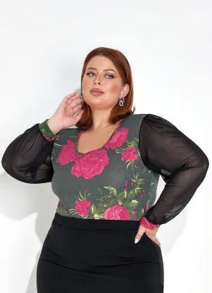 Marguerite - Body Floral Preto com Mangas Longas Plus Size - MARGUERITE