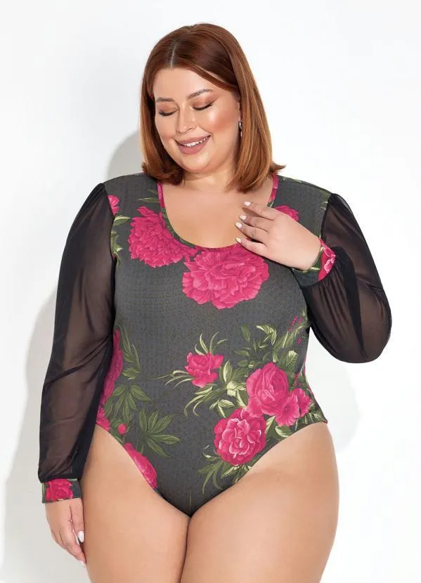 Marguerite - Body Floral Preto com Mangas Longas Plus Size 5