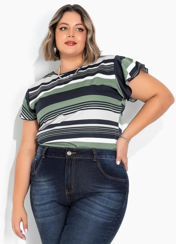 Marguerite - Body Listras Verde com Mangas Amplas Plus Size