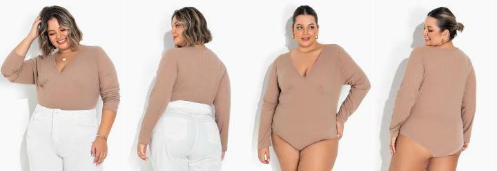 Body Marrom Plus Size Decote V e Franzidos