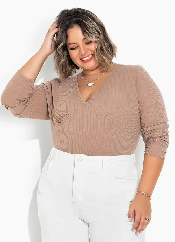 Marguerite - Body Marrom Plus Size Decote V e Franzidos