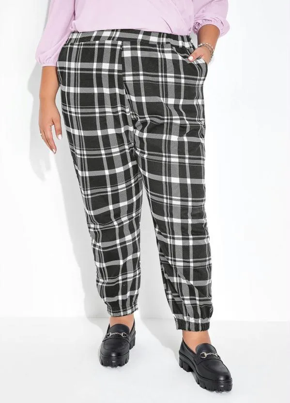 Marguerite - Calça Xadrez Preta com Elástico Plus Size