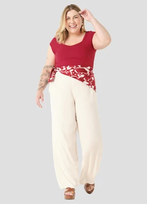 Cereja Rosa - Calça Feminina Plus Size em Viscose Twill Bege - CEREJA ROSA