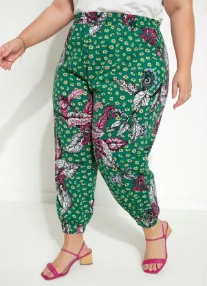 Marguerite - Calça Floral Verde Jogger Plus Size - MARGUERITE
