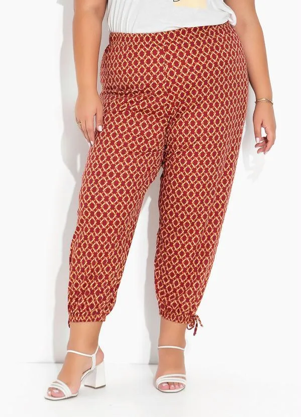 Marguerite - Calça Geométrica Vermelha com Elástico Plus Size
