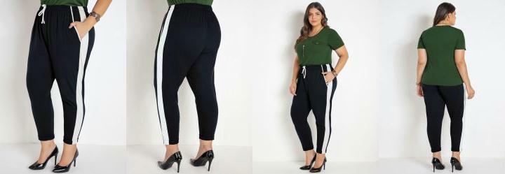 Cala Jogger Cropped Preta e Branca Plus Size