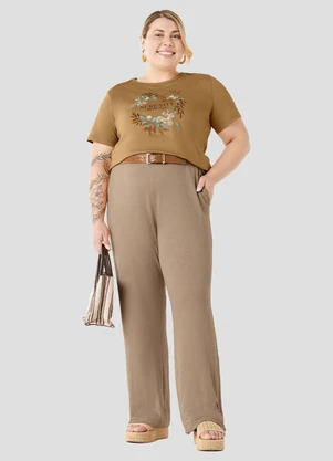 Cereja Rosa - Calça Plus Size em Viscose Trabalhada Marrom - CEREJA ROSA