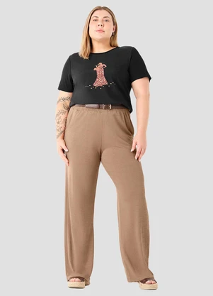 Cereja Rosa - Calça Plus Size em Viscose Trabalhada Marrom - CEREJA ROSA