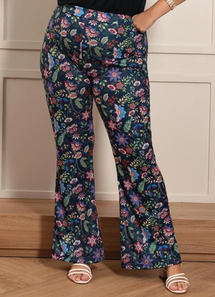 Marguerite - Calça Floral Marinho em Jersey Acetinado - MARGUERITE