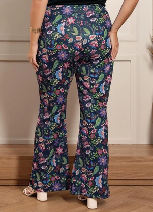 Marguerite - Calça Floral Marinho em Jersey Acetinado - MARGUERITE