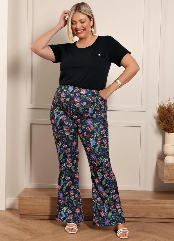 Marguerite - Calça Floral Marinho em Jersey Acetinado 3