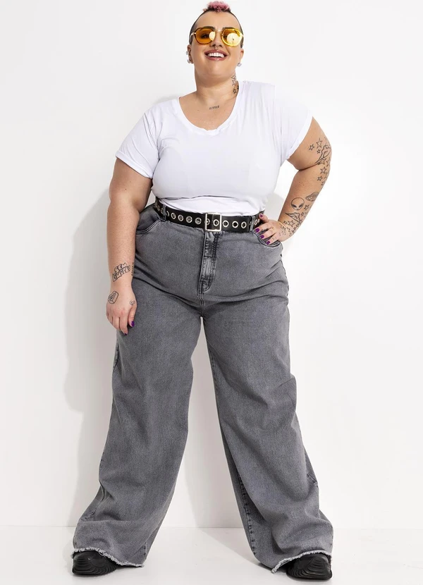 Marguerite - Calça Jeans Cinza Wide Leg Plus Size 7