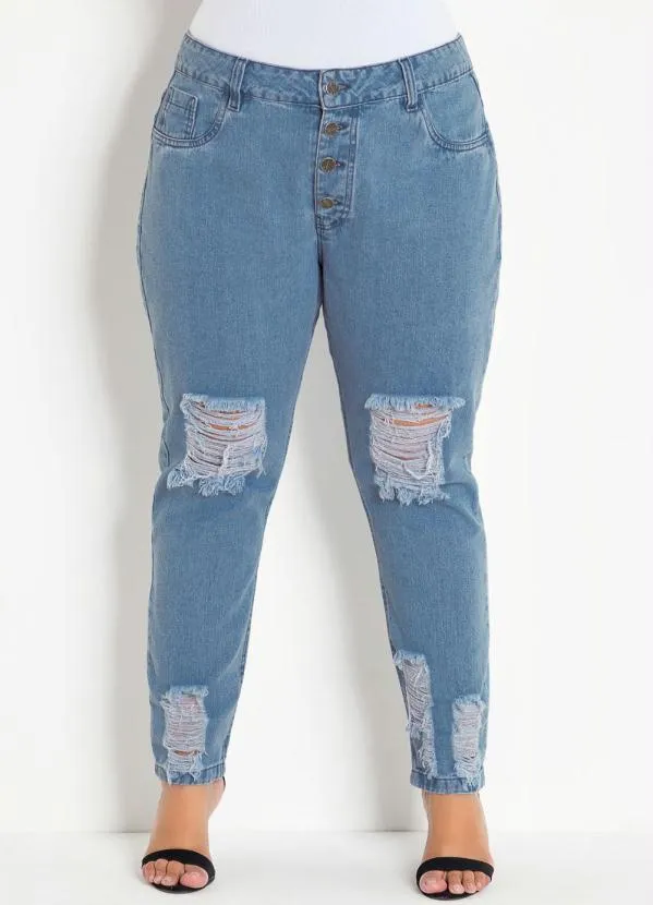 Marguerite - Calça Jeans Claro Boyfriend com Rasgos Plus Size 10