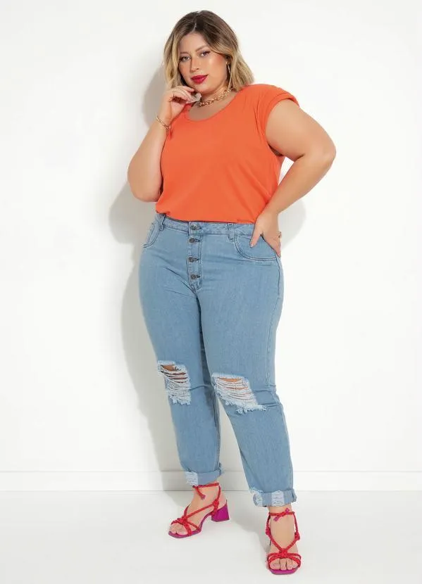 Marguerite - Calça Jeans Claro Boyfriend com Rasgos Plus Size 8
