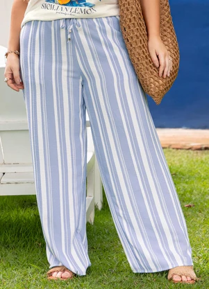 Marguerite - Calça Listrada Azul em Tecido Plano - MARGUERITE
