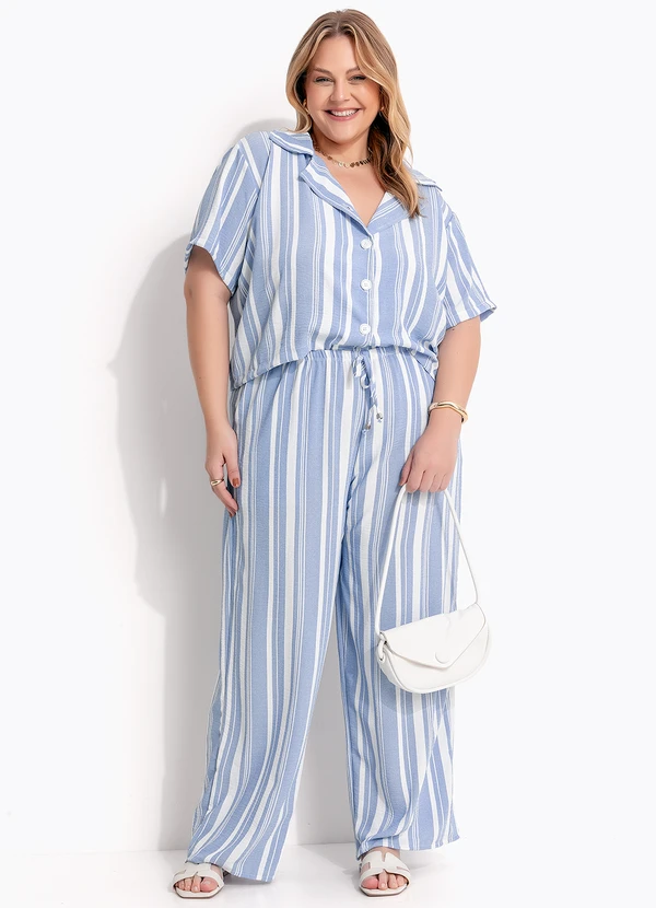 Marguerite - Calça Listrada Azul em Tecido Plano 7