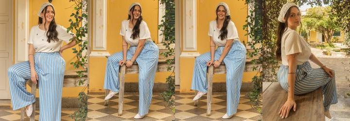 Cal�a Pantalona Listrado Azul em Malha Fria