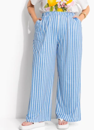 Marguerite - Calça Pantalona Listrado Azul em Malha Fria - MARGUERITE