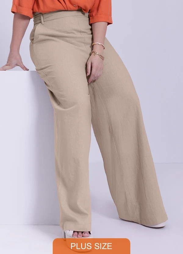 Lunender Mais Mulher - Calça Plus Size Wide Leg em Linho Bege