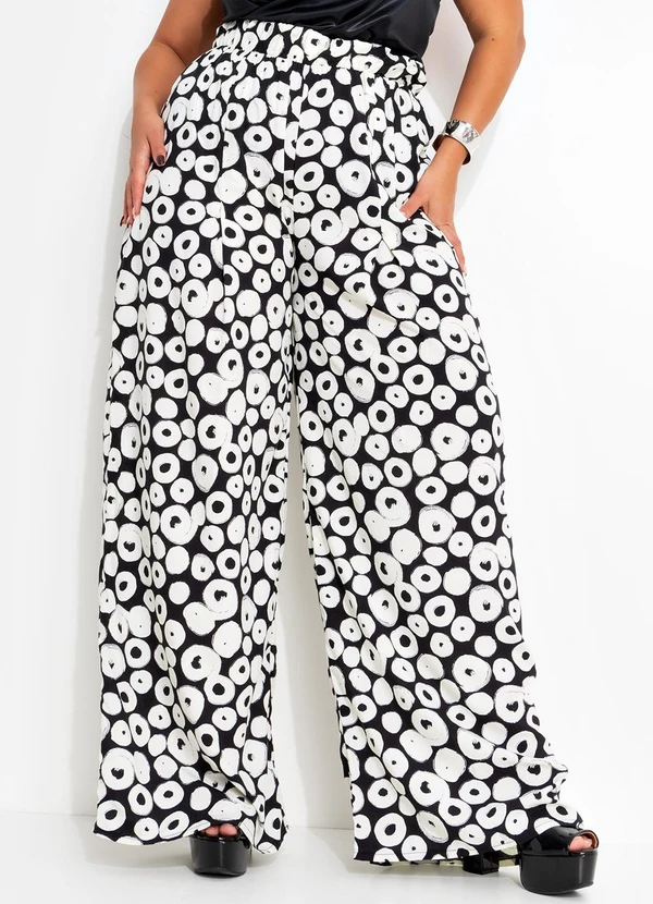 Marguerite - Calça Poá Preta e Off White em Viscose Plana