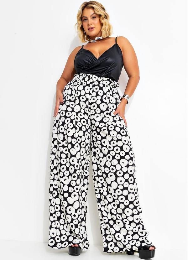 Marguerite - Calça Poá Preta e Off White em Viscose Plana 4