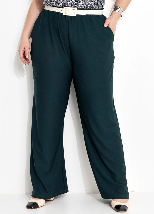Marguerite - Calça Verde Escura Pantalona em Malha Crepe