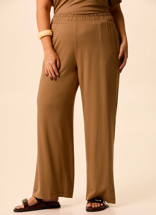 Malwee - Calça Wide Leg em Moletinho Caramelo